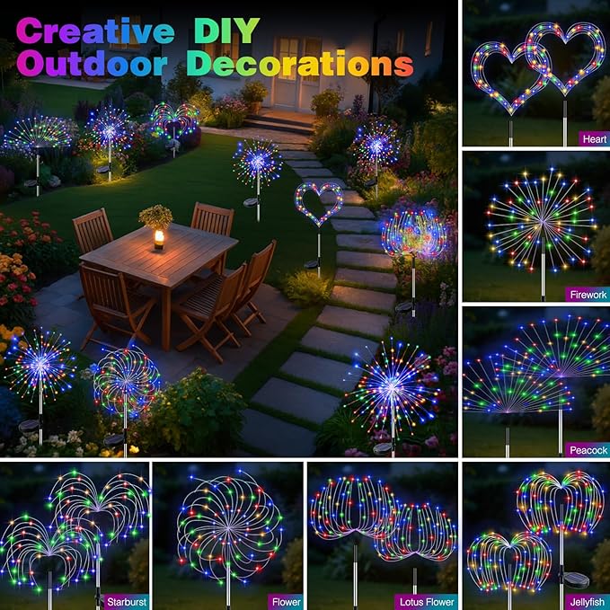 btfarm 6 Pack Solar Garden Lights Outdoor, 8 Modes Firework Lights Solar Powered, Waterproof Twinkle Fairy Light Outside for Yard Patio Pathway Pool Christmas Party Decorative, Multicolor