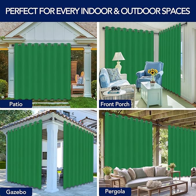 PureFit Outdoor Curtains for Patio Waterproof Weatherproof, UV Resistant Outside Curtains for Gazebo, Front Porch, Pergola, Sun Blocking Privacy Curtain, 150W x 84L inch, 1 Panel, Green