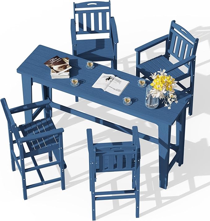 Ciokea Outdoor Bar Height Table Set of 5, 60" Extra Long Rectangle High Top Table and 4 Oversized Adirondack Chairs Set, Heavy-Duty All-Weather HDPE Patio Bar Set for Backyard Balcony Deck, Navy Blue
