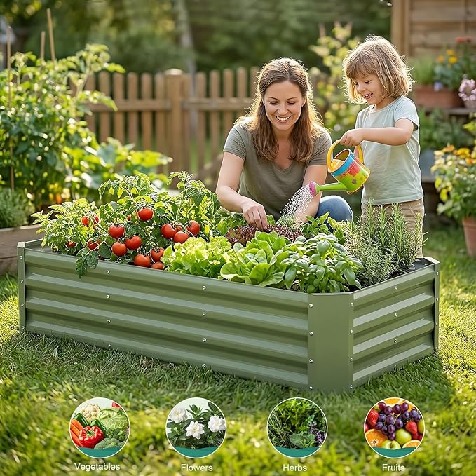 Galvanized Raised Garden Bed - 4x2x1ft (2Packs) Metal Garden Planter Box Outdoor | Steel Raised Bed Kit with Bracing Rods, Gloves for Gardening Vegetables Fruits and Flowers (Oliver Green)