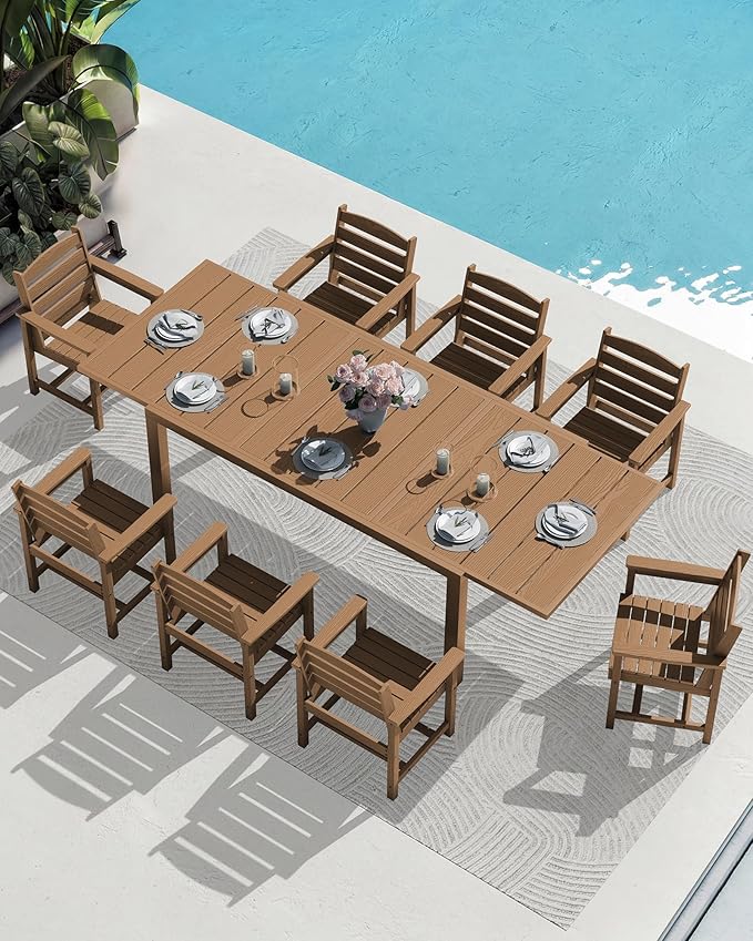 SERWALL 9-Piece Outdoor Dining Set, 60" - 83" Expandable Outdoor Dining Table and 8 HDPE Chairs, All Weather HDPE Outdoor Furniture Set for Backyard, Garden, Brown