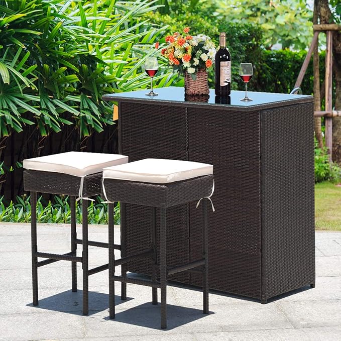 Tangkula Patio Bar Set, 3 Piece Outdoor Rattan Wicker Bar Set with 2 Cushions Stools & Glass Top Table, Outdoor Furniture Set for Patios Backyards Porches Gardens Poolside (Beige)