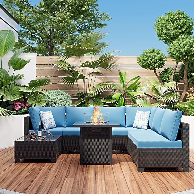 8-Piece Patio Furniture Set with 50,000 BTU Fire Pit Table - Wicker Outdoor Sectional Sofa with Thick Waterproof Cushions, Complete Conversation Set for Backyard Garden(Brown & Peacock Blue)