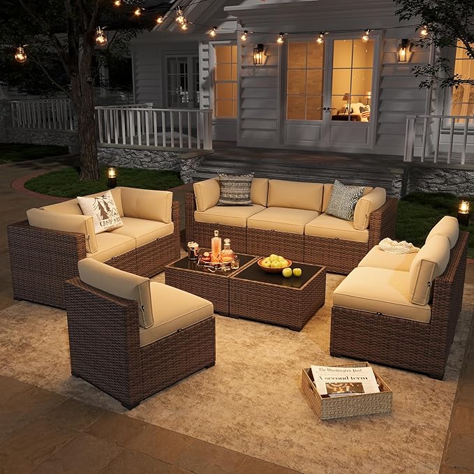 Aoxun Patio Furniture Sets, 10-Piece Outdoor Patio Furniture with Thick Cushions, Wicker Outdoor Conversation Set Sectional Sofa for Backyard, Poolside, Garden
