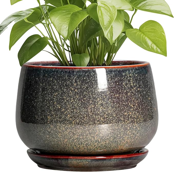 G EPGardening Ceramic Planters - 9 Inch Ceramic Pots for Plants Indoor Outdoor, Round Planter with Drainage and Saucer, Modern Indoor Flower Pots, House Room Decor, Gift for Women Men, Speckled Brown