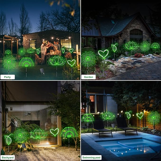 Solar Garden Lights Outdoor Waterproof, 4 Pack Total 480 LED Solar Firework Lights Decorative with 8 Lighting Modes Outside for Yard Pathway Flowerbed Decor, Green
