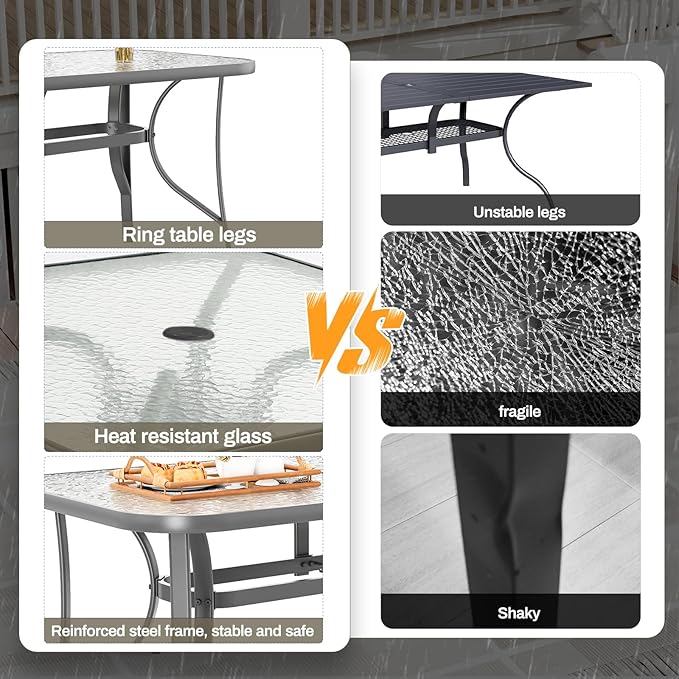 TLSUNNY Patio Outdoor Table W/ 1.69″ Umbrella Hole, 30"X 55" Rectangular Tempered Glass Patio Dining Table for 6, Outdoor Metal Furniture, All-Weather Use, for Patio, Graden, Backyard (Grey)