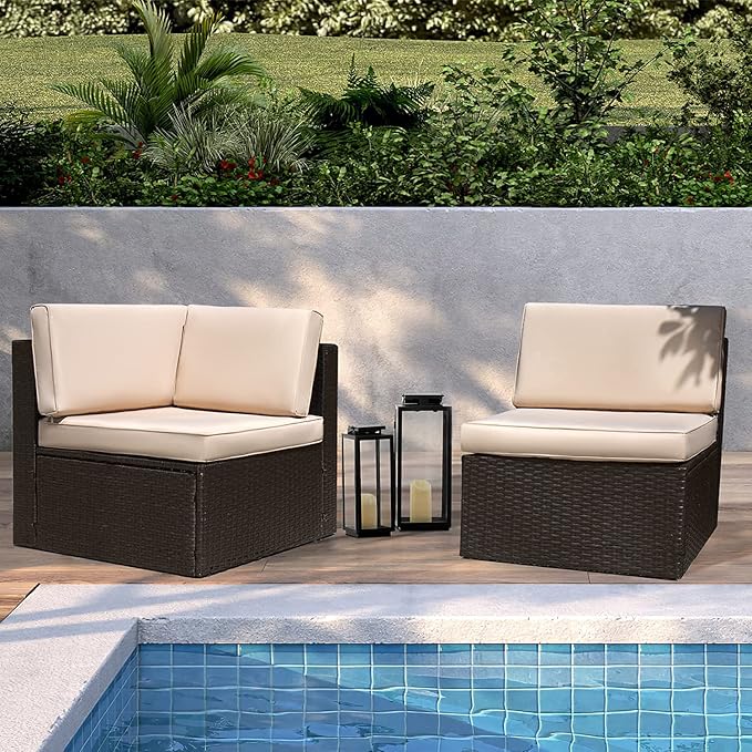Devoko Patio Furniture Sofa Sets Outdoor All-Weather Sectional Corner Sofa and Armless Small Couch (Beige, 2 PCS Patio Sofa Set)
