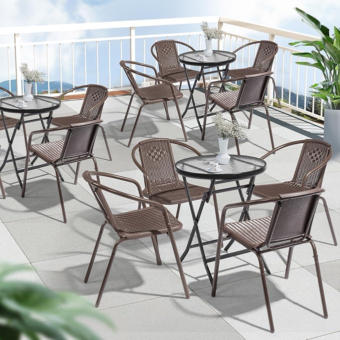 VINGLI PE Rattan Outdoor Dining Chairs Set of 4, Plastic Stackable Patio Chairs for Indoor, Porch, Restaurant, Garden, Brown