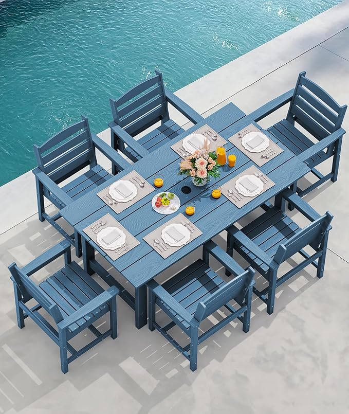 SERWALL 8-Piece Patio Dining Sets with 15FT Double Side Patio Umbrella, Outdoor HDPE Dining Furniture Set with Umbrella Hole Cut-Out Table and 6 Chairs, Blue（Umbreall Base not Included）