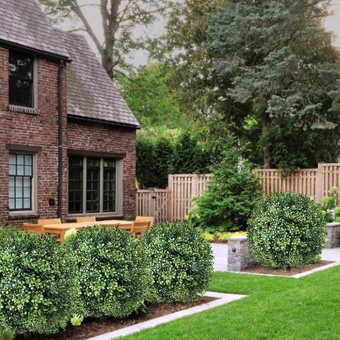 Artificial Topiary Bushes for Outdoors with Spike, Boxwood Ball Fake Shrubs UV Resistant Faux Plants for Indoor Outdoor Fall Thanksgiving Halloween Decor (Artificial Topiary Boxwood Ball Tree)
