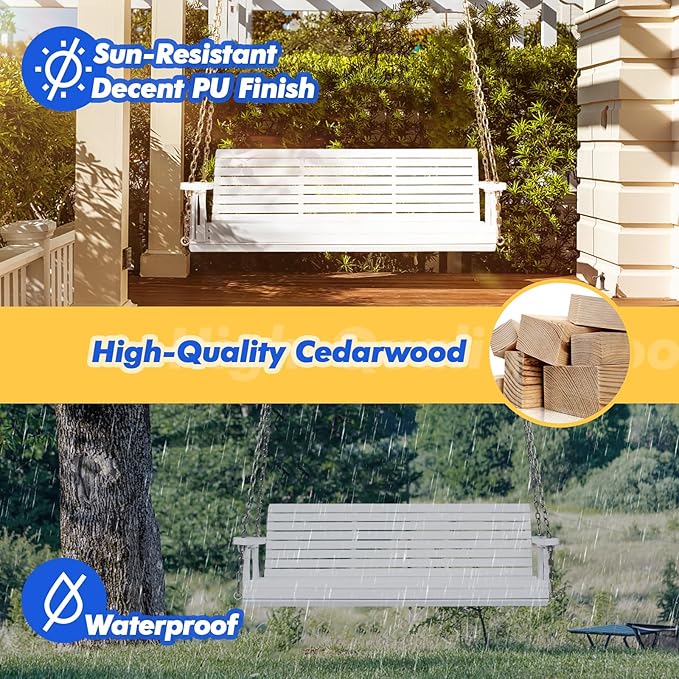 VINGLI Upgraded Patio Wooden Porch Swing for Courtyard & Garden, Heavy Duty 880 LBS Swing Chair Bench with Hanging Chains for Outdoors (5 FT, White)