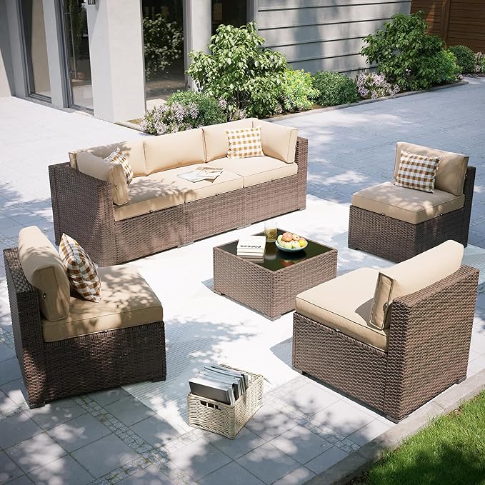 Aoxun Patio Furniture Set, 7 Piece Outdoor Sectional Sofas with Waterproof Cover, Wicker Rattan Outdoor Furniture Patio Conversation Set for Backyard, Garden (Brown Rattan Begin Cushions)