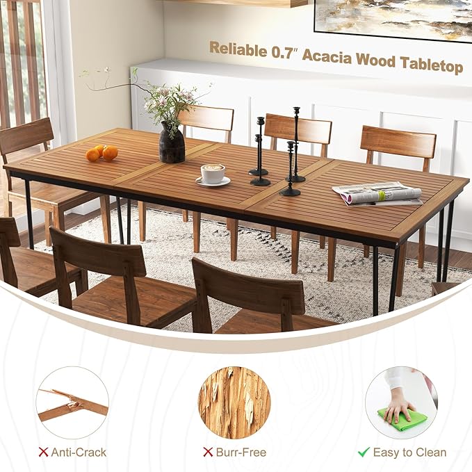 Tangkula 79 Inch Outdoor Dining Table for 8, Acacia Wood 8-Person Patio Table with 1.9 Inch Umbrella Hole, Metal Legs & Adjustable Foot Pads, Rectangular Outside Table for Garden, Poolside & Backyard
