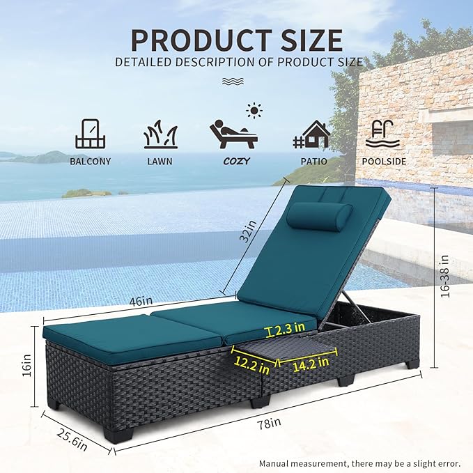 WAROOM Outdoor Chaise Lounge Chairs for Outside Patio Furniture Set of 2 Wicker Recliner Black Rattan Sunbathing Lounger Adjustable Backrest Pool Reclining Chair, Peacock Blue Cushion
