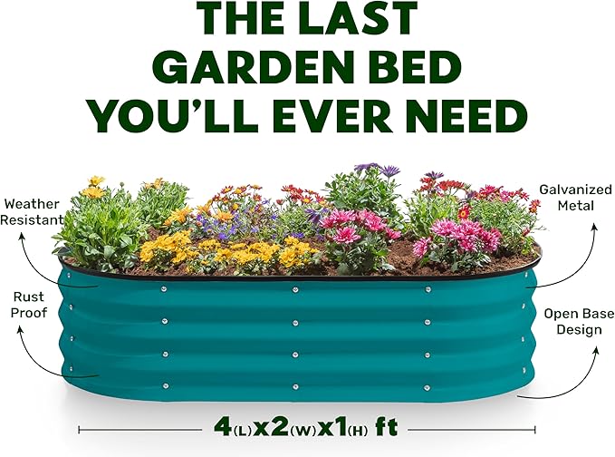 Plant & Plot Galvanized Raised Garden Beds Outdoor // 4×2×1 ft Planter Raised Beds for Gardening, Vegetables, Flowers // Large Metal Garden Box (Turquoise)