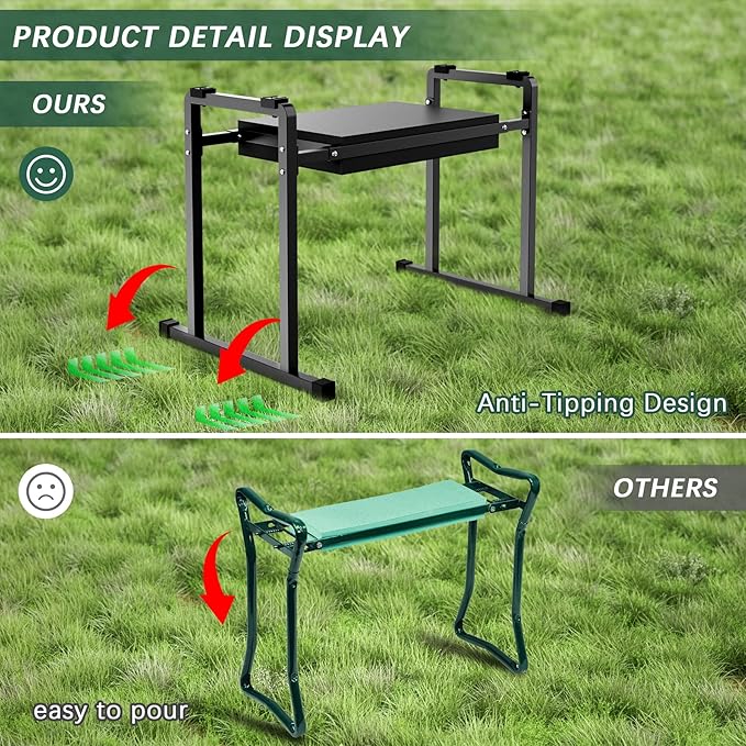 FLINTER Garden Kneelers Seat, Stable and Save Tip-Resistant Design 10.2" Wider Garden Kneeler and Seat with Handle, Heavy Duty Gardening Stool for Seniors, Gardening Weeding Bench for Parents - Black