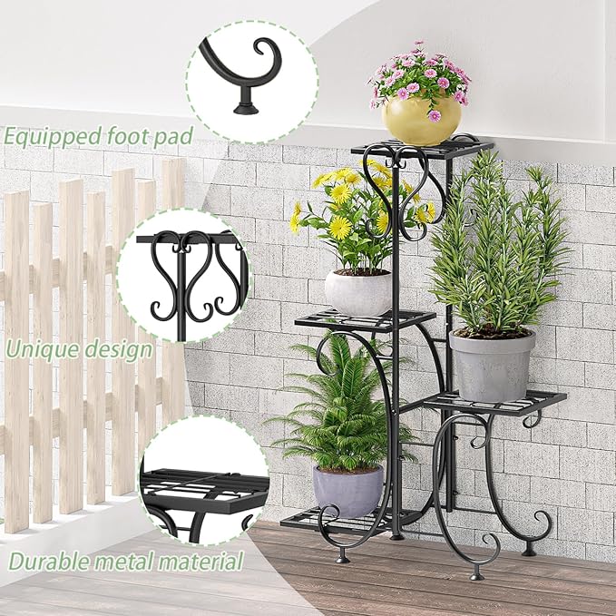 Plant Stand Indoor Outdoor Shelf 4Tier Metal Holder Pot Rack Multiple Plants Stand Tall Flower Shelf Corner Living Room Garden,Black (Black, 4 Pots)
