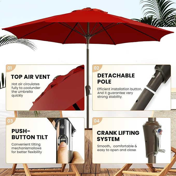 Ayge 9FT Large Outdoor Patio Umbrella Market Table Umbrella-UV Resistant, Easy Push Button Tilt and Crank, 8 Sturdy Fiberglass Ribs Heavy-Duty Pool Umbrella for Deck, Backyard,Garden,Red