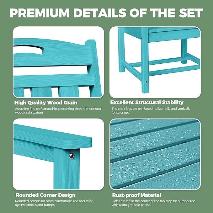 HDPE Outdoor Dining Set, Patio Table and Chairs Set, All-Weather 7-Piece Outside Table and 6 Chairs, 2" Umbrella Hole, Outdoor Furniture for Garden, Poolside, Backyard, Deck | Lake Blue