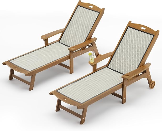 LUE BONA Chaise Lounge Chair Outdoor Set of 2, HDPS and HDPE Wicker Material, Patio Lounge Chair with Adjustable Backrest, Resin Pool Lounge Chairs with Wheels for Backyard, Poolside and Deck