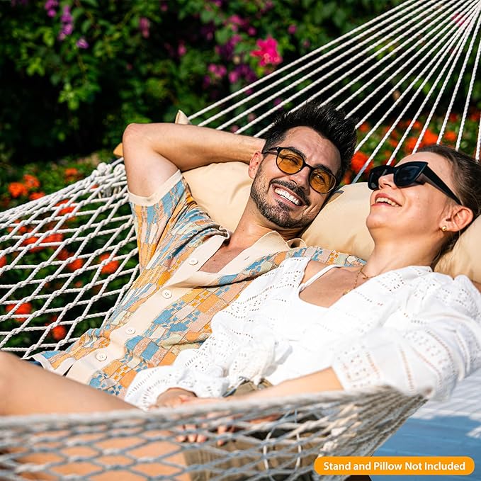 Lazy Daze Hammocks Double Rope Hammock, 2 Person Traditional Outdoor Hand Woven Cotton Rope Hammock with Spreader Bar, Carabiners, Tree Straps, Chains for Patio Yard - Max 450 Lbs, Natural