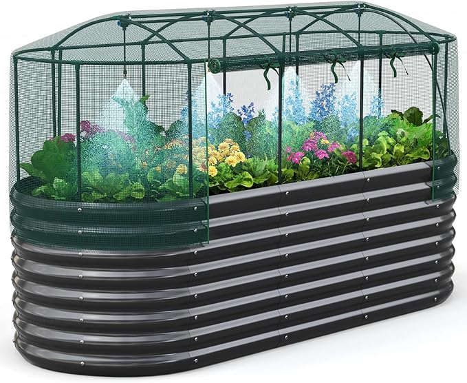 Quictent Galvanized Raised Garden Bed Kit with Self Watering System and Mesh Cover, Large Oval Metal Outdoor Planter Garden Boxes for Vegetables Herbs Flowers, 8x3x2Ft