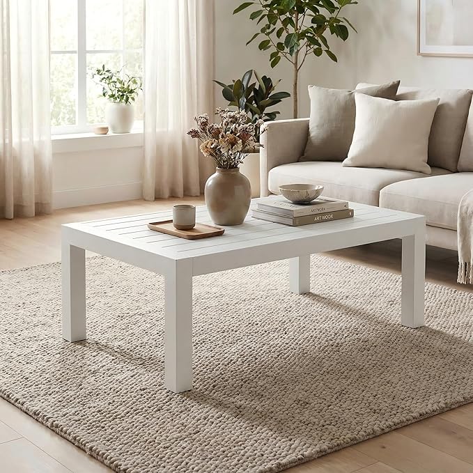 Solaste Aluminum Outdoor Coffee Table, All-Weather Rectangle Metal Patio Coffee Table Furniture for Balcony, Garden, Indoor or Outdoor Use, White