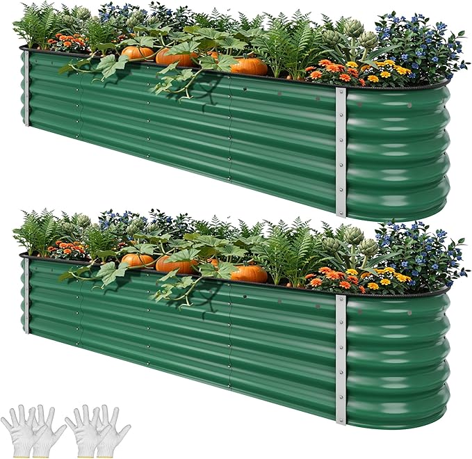 YITAHOME 17" Tall 9 in 1 Large Raised Garden Bed Kit, 8x2x1.4ft Galvanized Metal Planter Box with Gloves & Safety, Outdoor Above Ground Planters for Plants Vegetables Flowers, Green