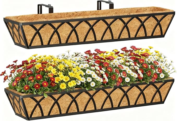 30 Inch Window Deck with Coco Liner, Fence Metal Hanging Flower Planter Window Basket Deck Railing Planter Boxes for Outdoor Garden Lawn，30" Window Boxes Horse Trough with Coconut Coir Liner, 2pcs