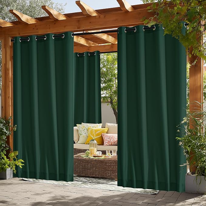 NICETOWN Canvas Outdoor Curtains for Christmas 2 Panels, Dark Green, W52 x L84 per Panel - Waterproof & Windproof Sun Shades with Grommet & Back Tab & Rod Pocket, Free Rope for Bottom Fixing