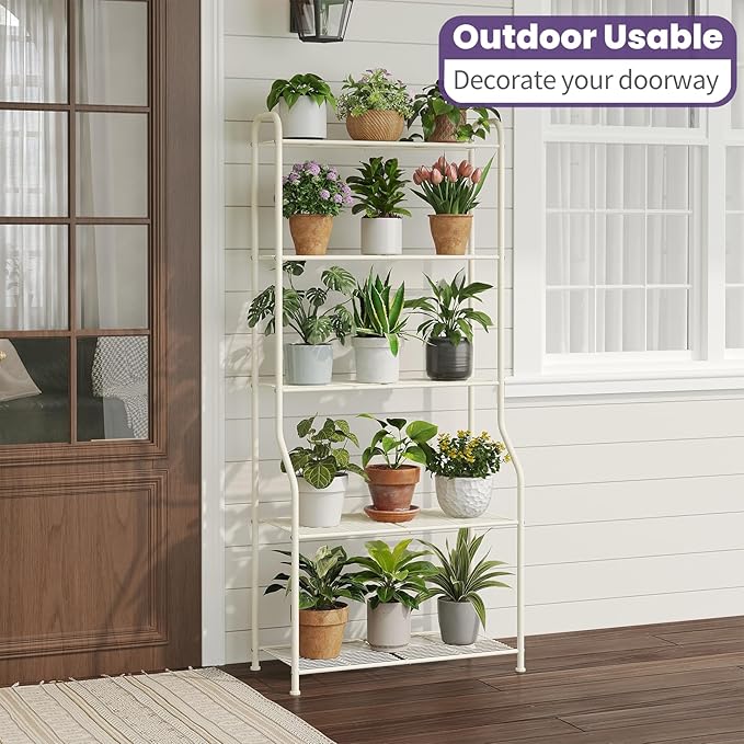 5-Tier Corner Plant Stand, Metal Black Flower Pot Rack, Indoor Outdoor Heavy Duty Shelf (Cream, 5 Tier)