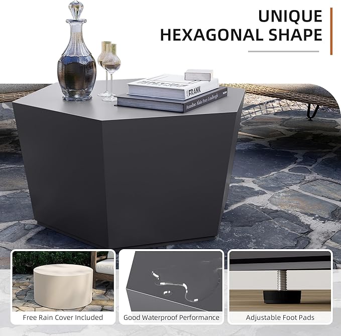 UPHA Outdoor Hexagon Coffee Table, Small Modern Minimalist Accent Tables, Low Light Concrete Center Table for Living Room, Outside Patio, Deck, 28×24.2×15.4, Dark Gray