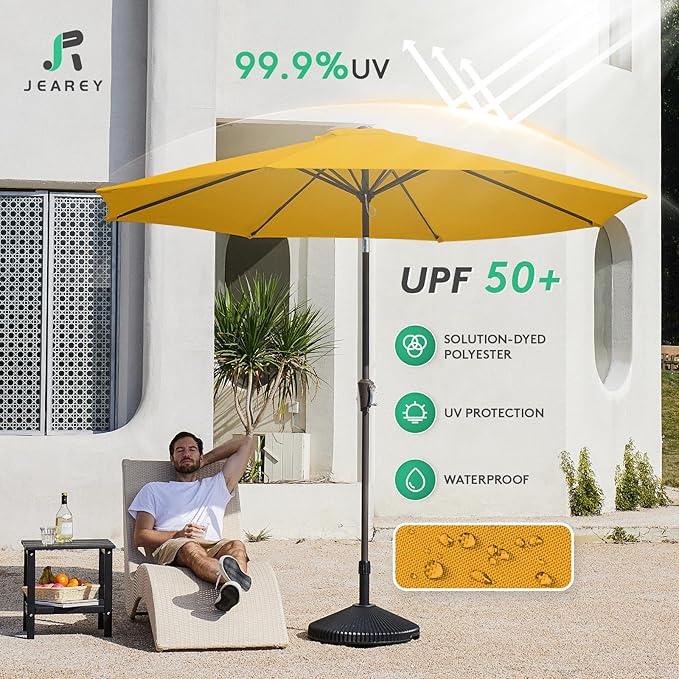 JEAREY 9FT Outdoor Patio Umbrella Market Umbrella with Push Button Tilt and Crank, Outdoor Table Umbrellas 8 Sturdy Ribs UV Protection Waterproof for Garden, Deck, Backyard, Pool (Bright Orange)