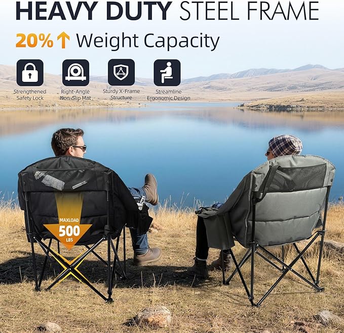 Oversized Camping Chair for Adults - Heavy Duty Outdoor Padded Large Lawn Camp Chair with Cup Holder Cooler Pockets for Sports Beach Fishing Garden Portable Supports 500lbs, Black/Grey 2 Pack
