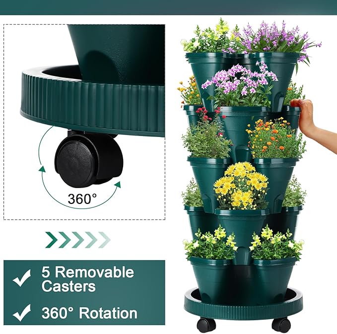 Umigy 2 Set 5 Tier Stackable Planters Vertical Garden Planters for Strawberry Herb Flower and Vegetable Indoor Outdoor Gardening Pots with Removable Wheels and Bottom(Dark Green)