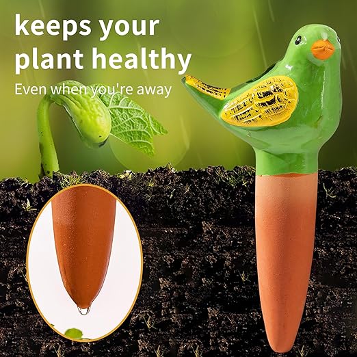 4 Pack Self Watering Bird Shaped Globes, Terracotta Vacation Planters Devices with Slow Release Automatic Watering Spikes, Plant Watering Pots for Indoor and Outdoor Potted Plants
