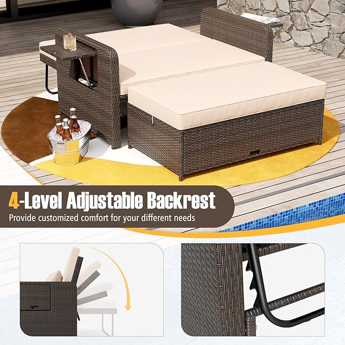 LDAILY Moccha Outdoor Daybed, Wicker Loveseat Sofa Set with 4-Postion Adjustable Backrest, Storage Ottoman, Cushions, Rattan Double Bed Lounger, Patio Furniture Set (Beige)