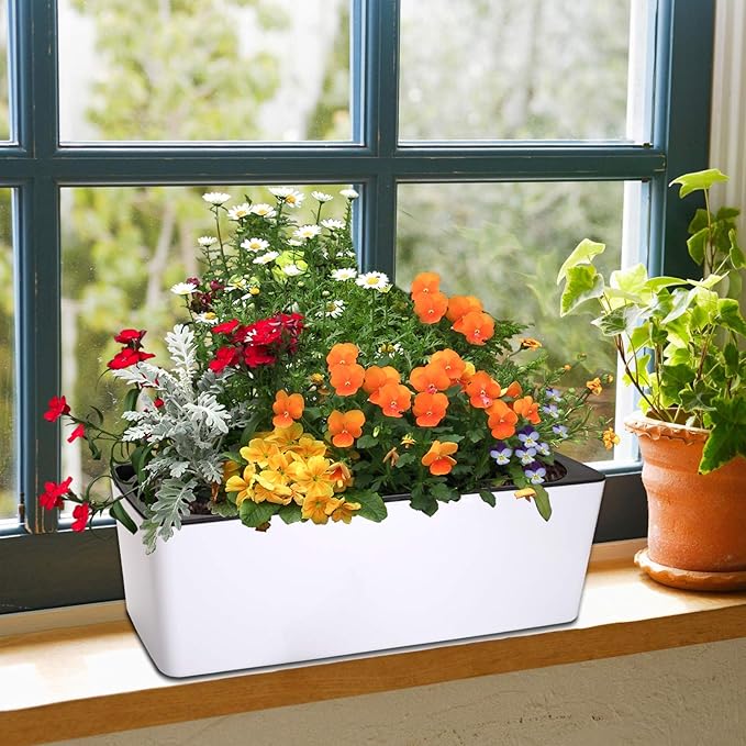Fasmov 2 Pack Rectangle Self Watering Planter with Water Level Indicator, 16x 5.5 Inch Window Gardening Box, Decorative Planter Pot for All House Plants Flowers Herbs, Decorative Planter Pot