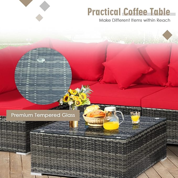 Tangkula 7 Pieces Wicker Patio Furniture Set, All-Weather Outdoor Rattan Sectional Sofa Set with Cushions & Tempered Glass Coffee Table, Outside Sofa Set for Garden, Lawn, Deck, Backyard (Red)