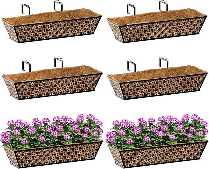SPECILITE 24" Window Boxes Planters, Heavy Duty Metal Railing Planter Boxes, Adjustable Balcony Planters for Railing Hanging, with Coco Liner & Tool Set for Deck, Porch, and Patio Gardening (6 Pack)