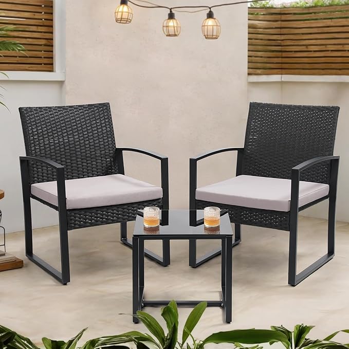 3 Piece Wicker Patio Bistro Set, Rattan Conversation Set with Coffee Table, for Balcony, Porch, Garden, Yard, Poolside, Black Frame with Grey Cushion