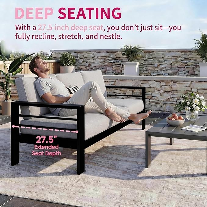 Kiss the Water Outdoor Couch Aluminum Patio Furniture Sofa, 3 Seat All-Weather Metal Patio Couch with 5" Thick and Soft Cushion and Wide Arm, Outdoor Sofa for Balcony, Porch