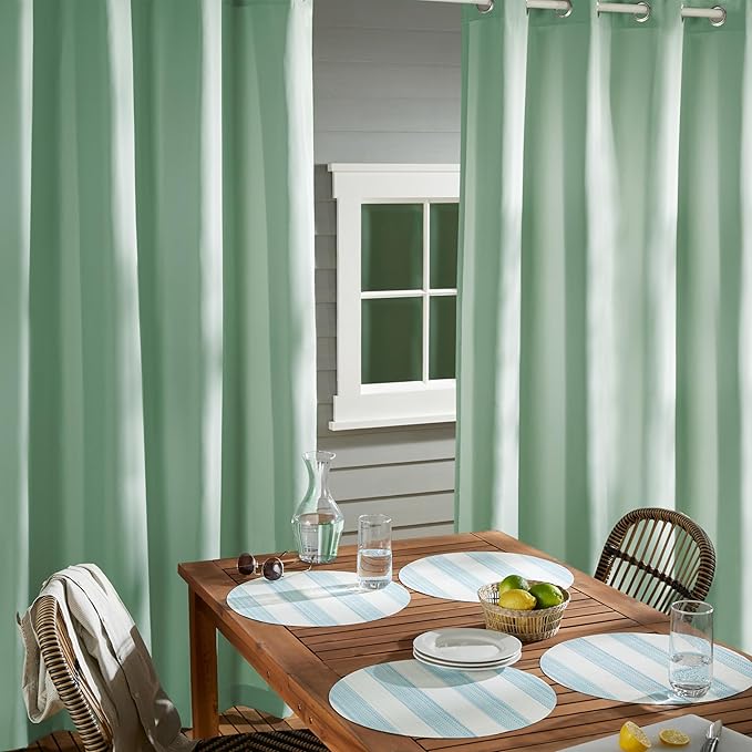 TOWN & COUNTRY BASICS Cabana Solid Heavyweight Indoor Outdoor Curtains, Light Filtering Opacity with Grommet Top, Water Repellent, 2-Pack Set, 54"x96", Seafoam