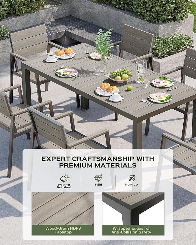 7-Piece Outdoor Dining Set, Aluminum Dining Table Set for 6, Patio Table and Chairs Set with Umbrella Hole, All Weather HDPS Outdoor Table and Chairs for 6 (Gray)