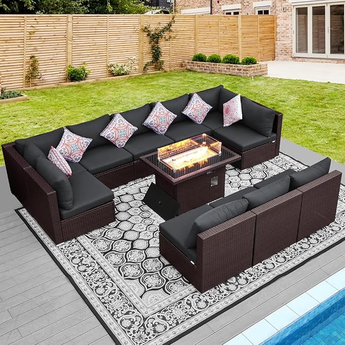 NICESOUL 11 Pcs Modern Outdoor Patio Sectional Furniture Set with Fire Pit Table, 29.3'' High Back Conversation Sets with Firepit, Cozy Large U-Shaped L-Shape Couches, Brown Rattan and Gray Cushion