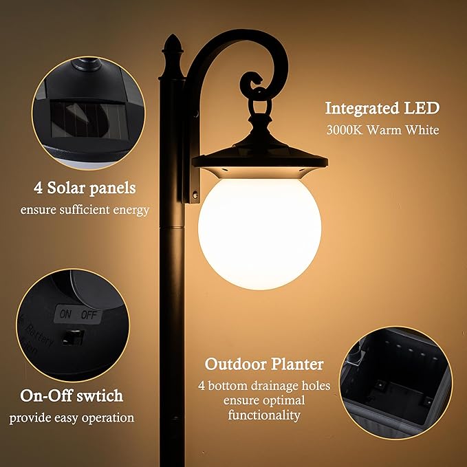 Outdoor Post Light with Planter, Matte Black Solar Lamp Post Light with Globe Shade, 2 in 1 Waterproof Solar Post Lights Outdoor Planter for Outside Gardan Pathway