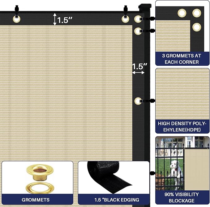 Windscreen4less Privacy Fence Screen Heavy Duty Windscreen Fencing Mesh Fabric Shade Net Cover with Brass Grommtes for Outdoor Wall Garden Yard Pool Deck, 6'x50' Beige