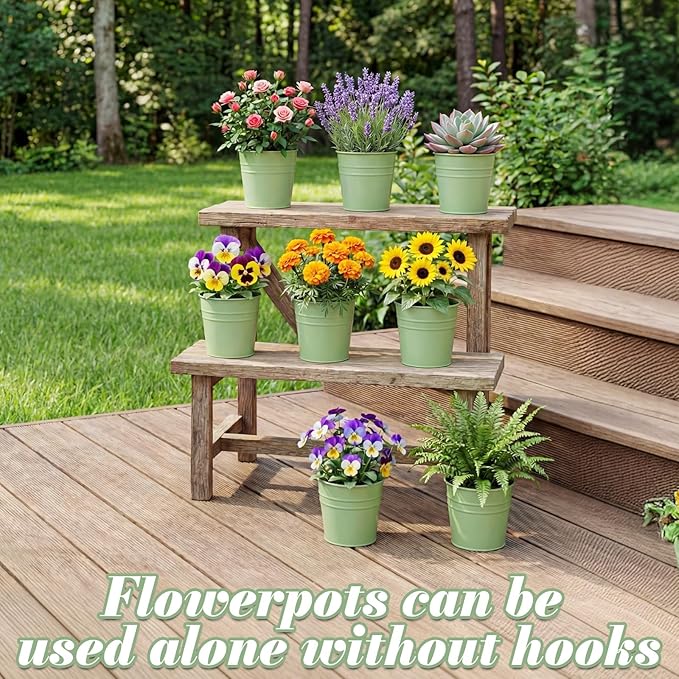 HowRU Hanging Flower Pots, Railing Planter Box for Outdoor Plants 12 Pack 5 Inch Metal Hanging Planters with Detachable Hooks Balcony Window Fence Garden Decoration Flower Boxes (Green)