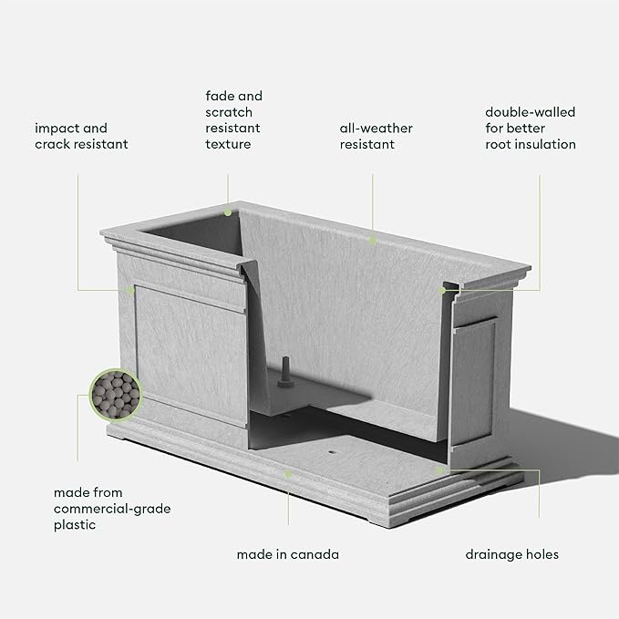 Veradek Brixton Series Large Plastic Planter - Gray, Outdoor, All-Weather Resistant, Dimensions 17.5"H x 16"W x 32"L, Classic Estate Design for Flowers, Trees, Shrubs